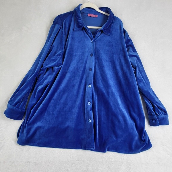Woman‎ Within Top 2X Blue Velvet Velour Boyfriend Full Button Front Tunic Shirt - Picture 1 of 12